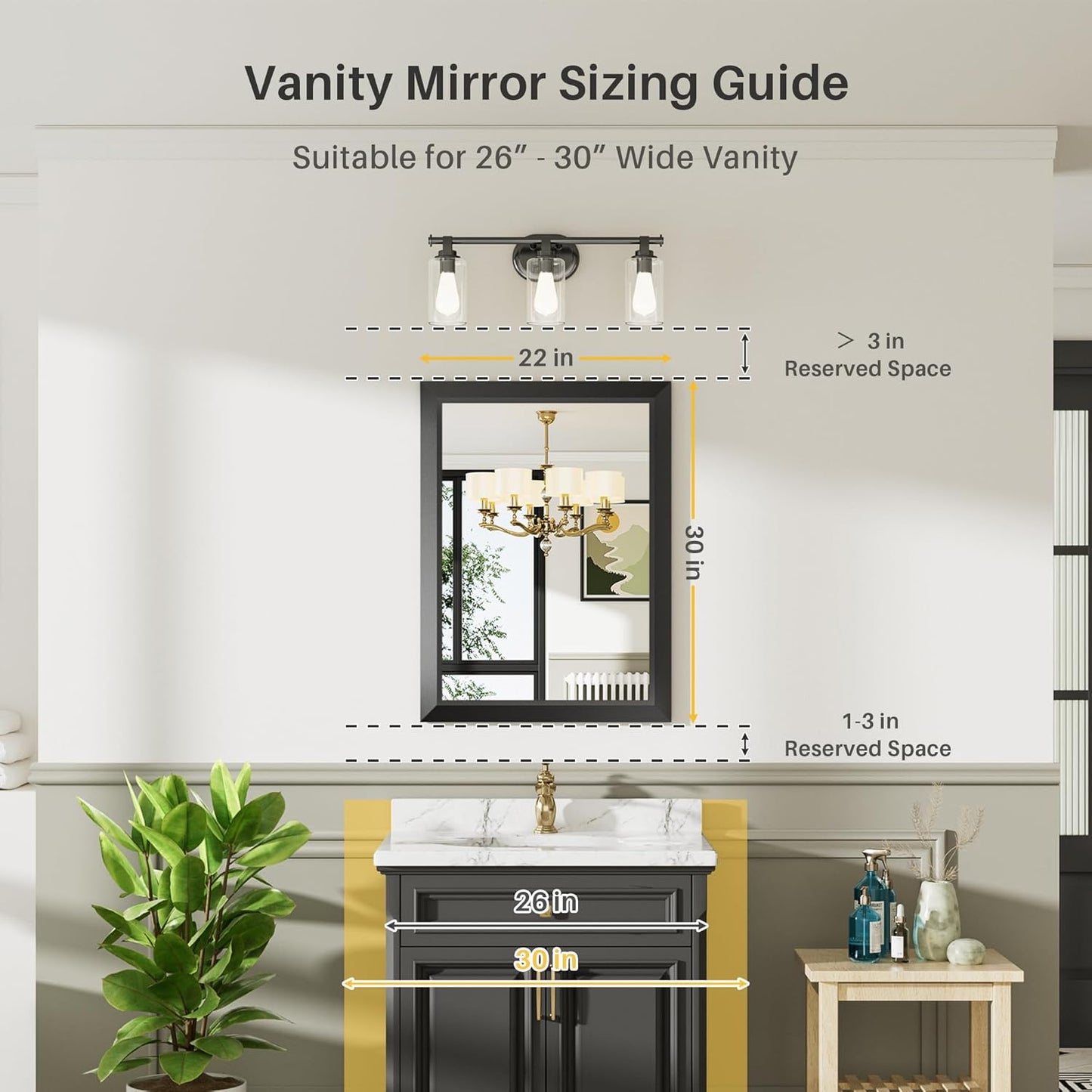 Black Bathroom Mirror for Wall, Thick Metal Framed Rectangle Mirrors for Over Sink, Bedroom, Living Room, Entryway, Anti-Rust, HD Tempered Glass