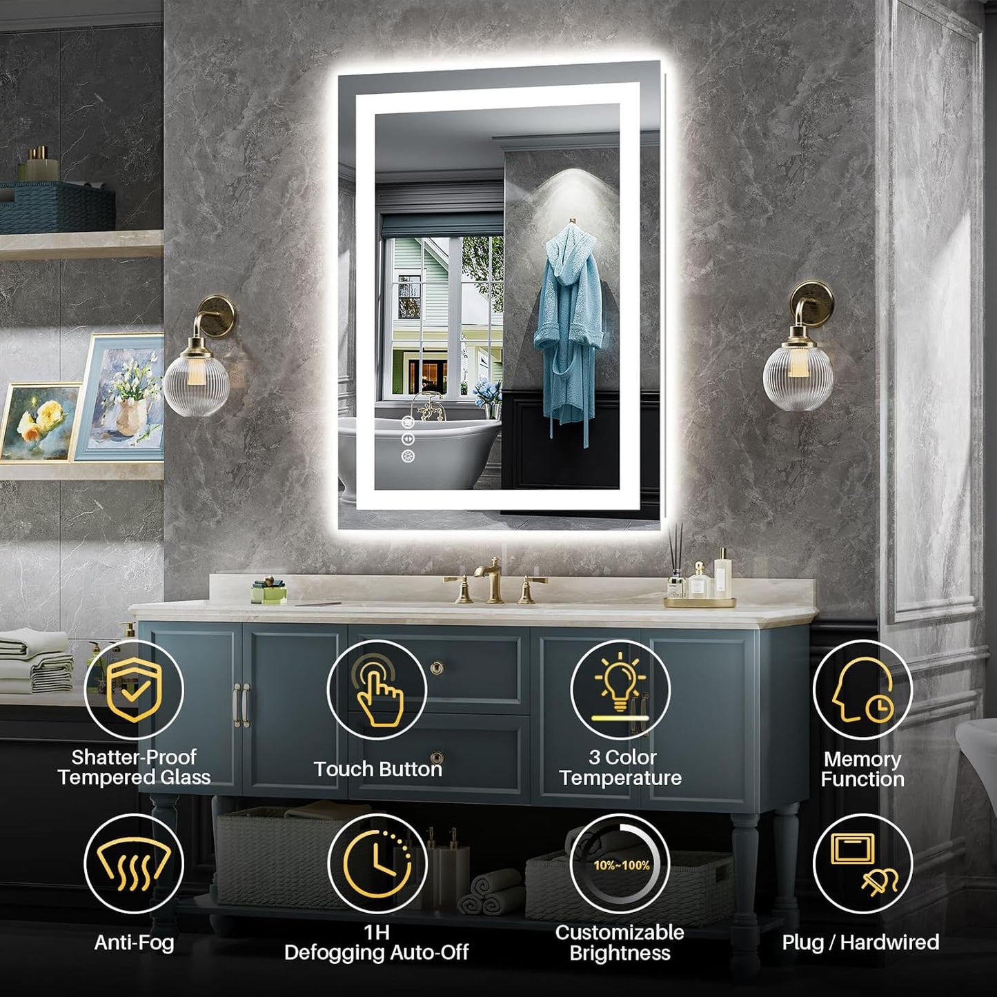 LED Bathroom Mirror with Lights, Backlit & Front Lit, Anti-Fog Lighted Bathroom Vanity Mirror for Wall, Memory Function, Dimmable, HD Tempered Glass, Shatter-Proof