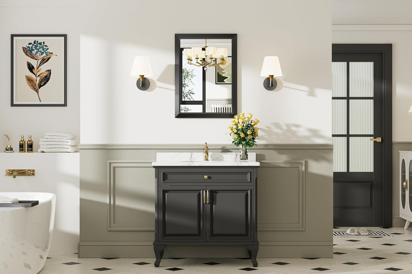 Black Bathroom Mirror for Wall, Thick Metal Framed Rectangle Mirrors for Over Sink, Bedroom, Living Room, Entryway, Anti-Rust, HD Tempered Glass