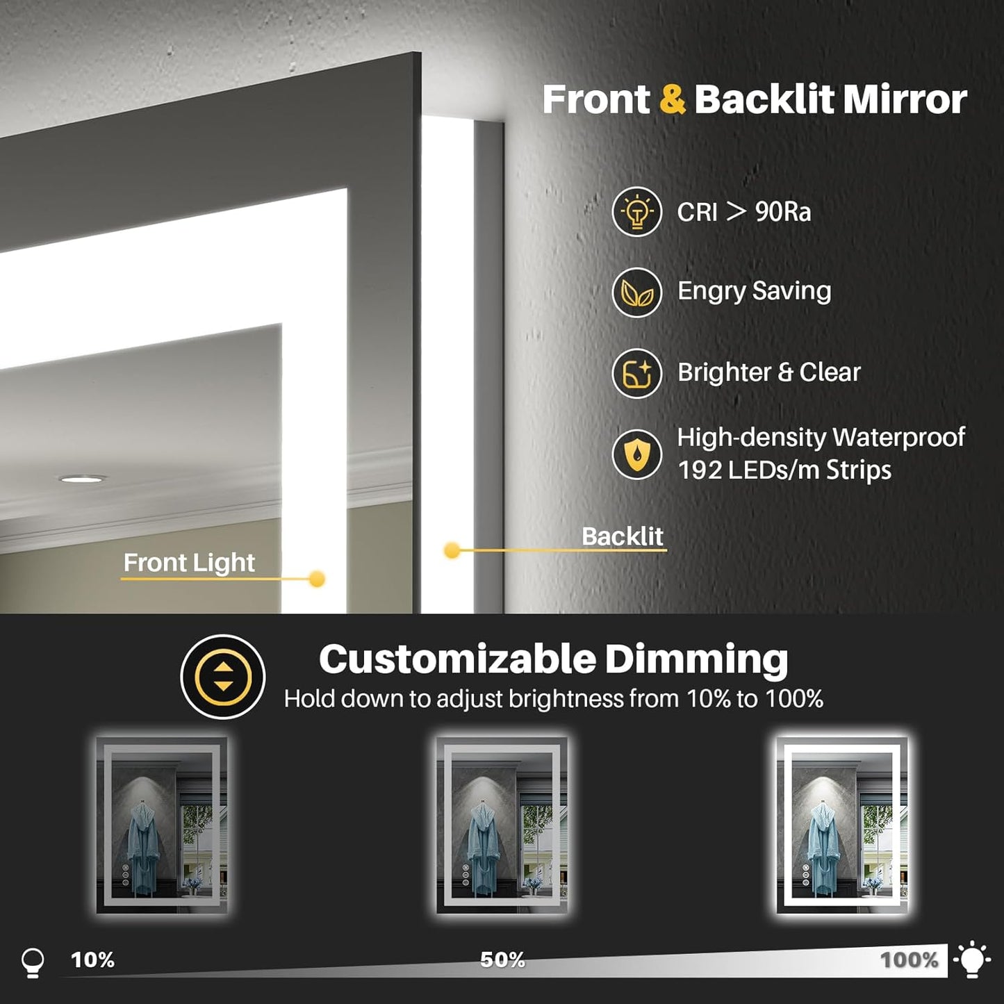 LED Bathroom Mirror with Lights, Backlit & Front Lit, Anti-Fog Lighted Bathroom Vanity Mirror for Wall, Memory Function, Dimmable, HD Tempered Glass, Shatter-Proof