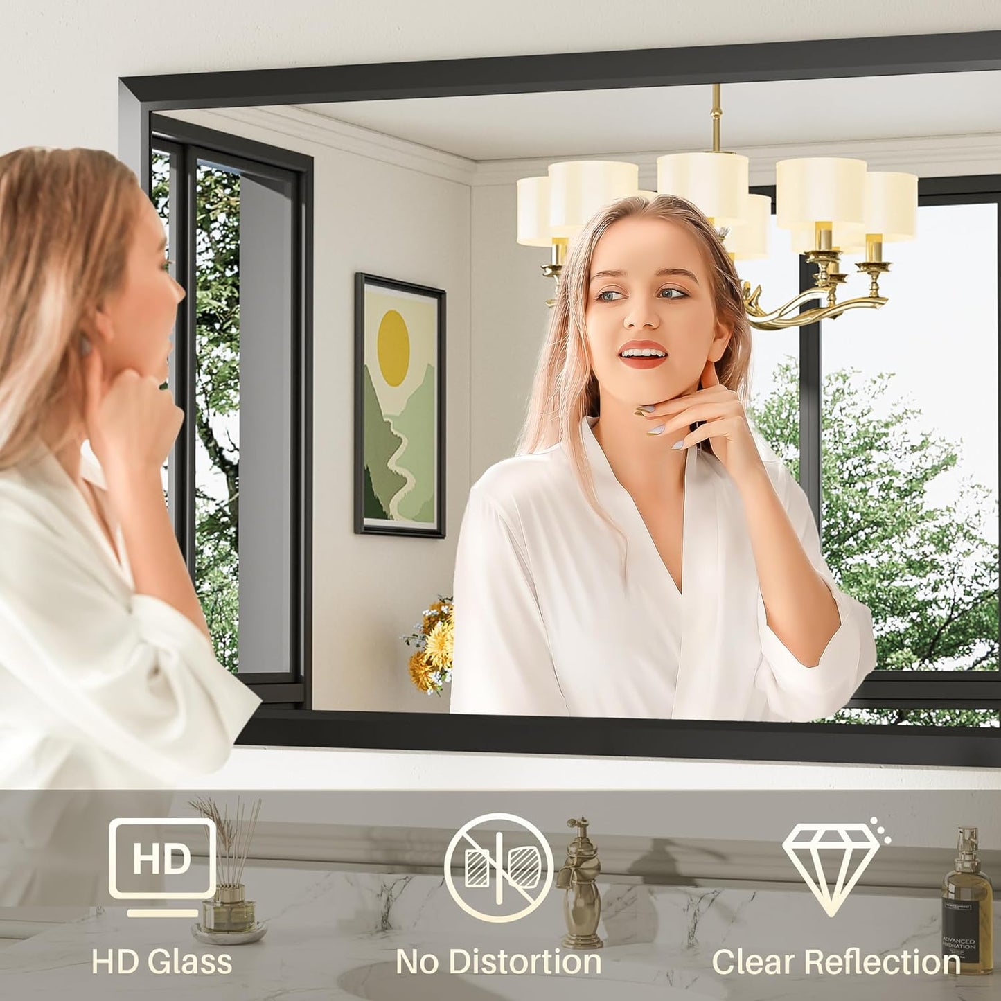 Black Bathroom Mirror for Wall, Thick Metal Framed Rectangle Mirrors for Over Sink, Bedroom, Living Room, Entryway, Anti-Rust, HD Tempered Glass