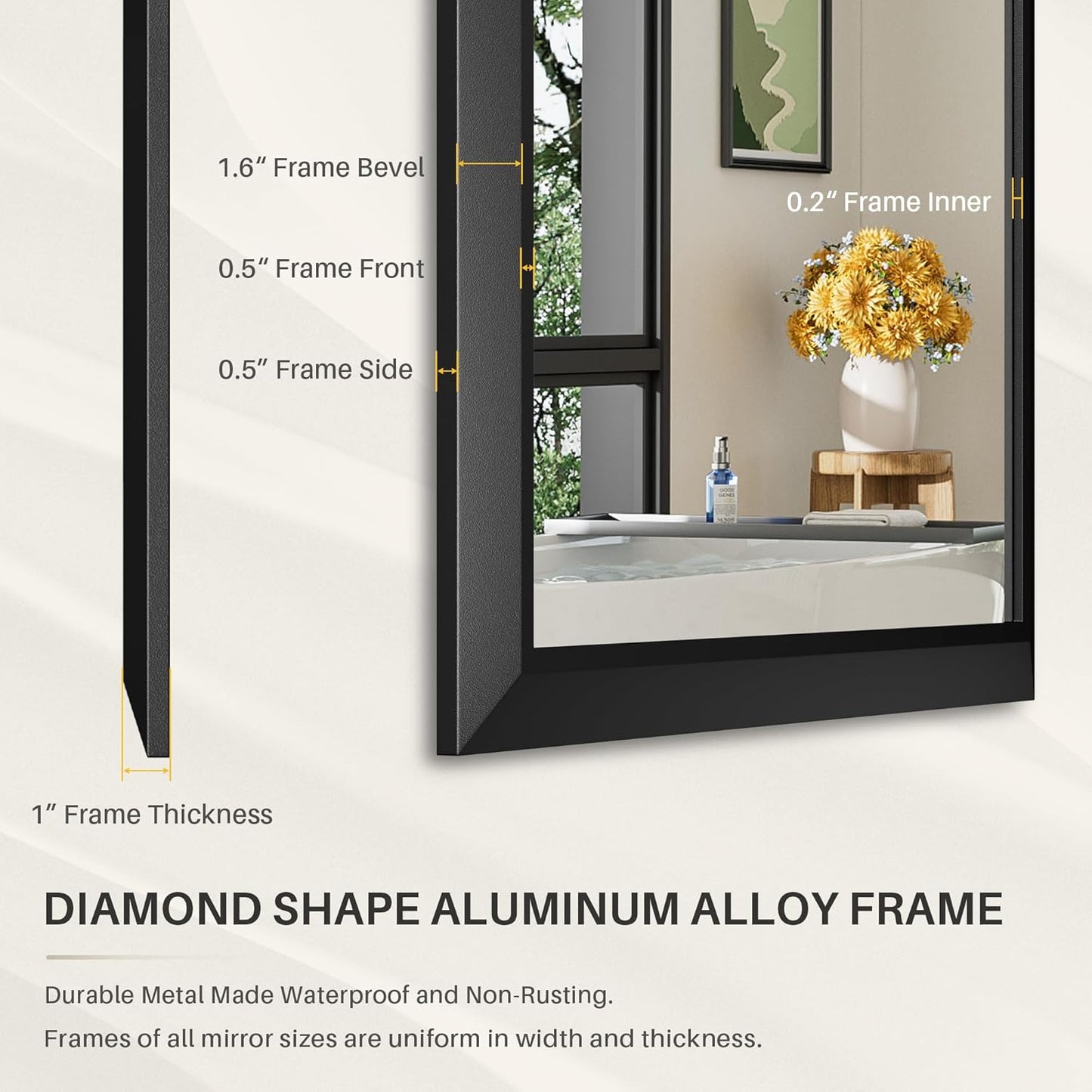 Black Bathroom Mirror for Wall, Thick Metal Framed Rectangle Mirrors for Over Sink, Bedroom, Living Room, Entryway, Anti-Rust, HD Tempered Glass