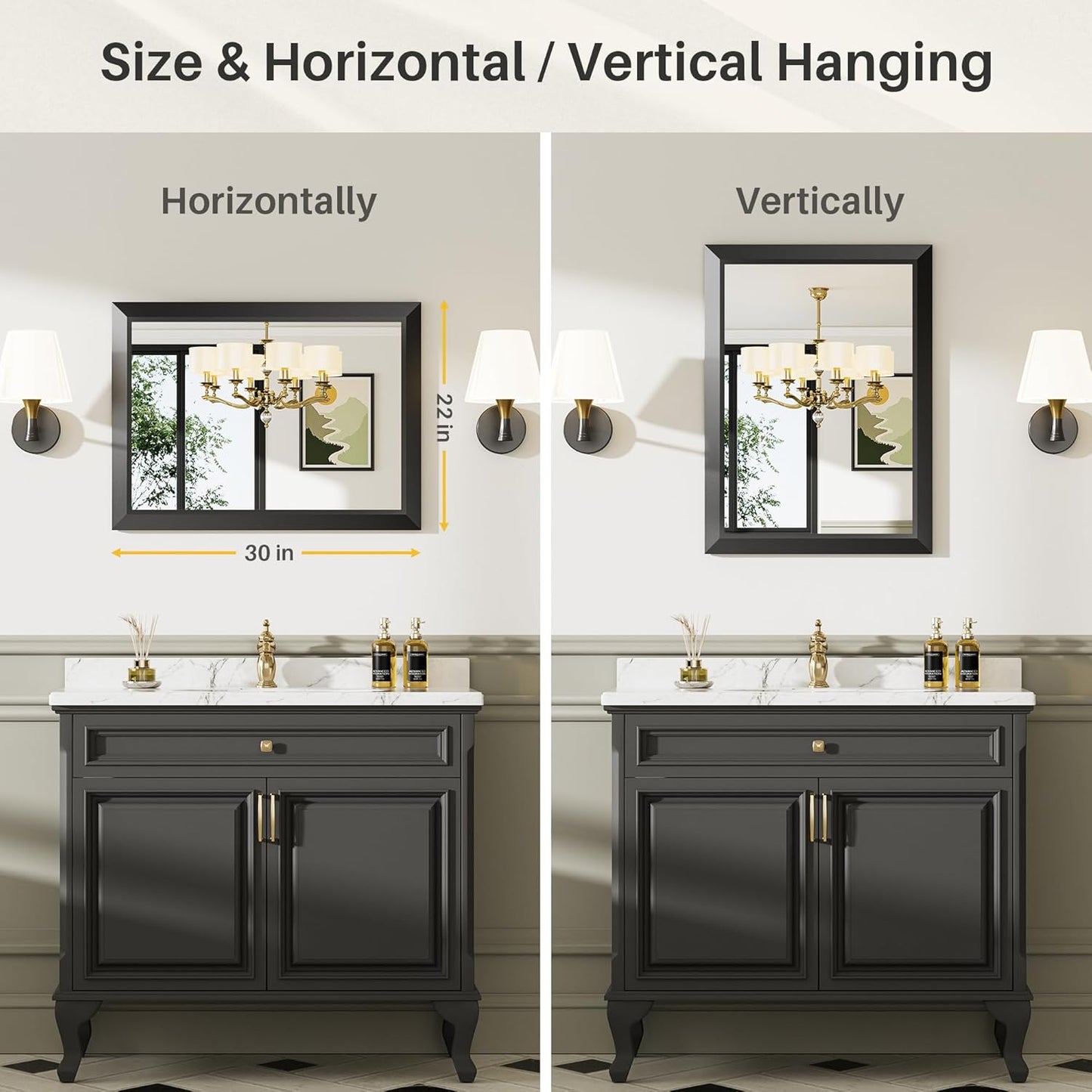 Black Bathroom Mirror for Wall, Thick Metal Framed Rectangle Mirrors for Over Sink, Bedroom, Living Room, Entryway, Anti-Rust, HD Tempered Glass