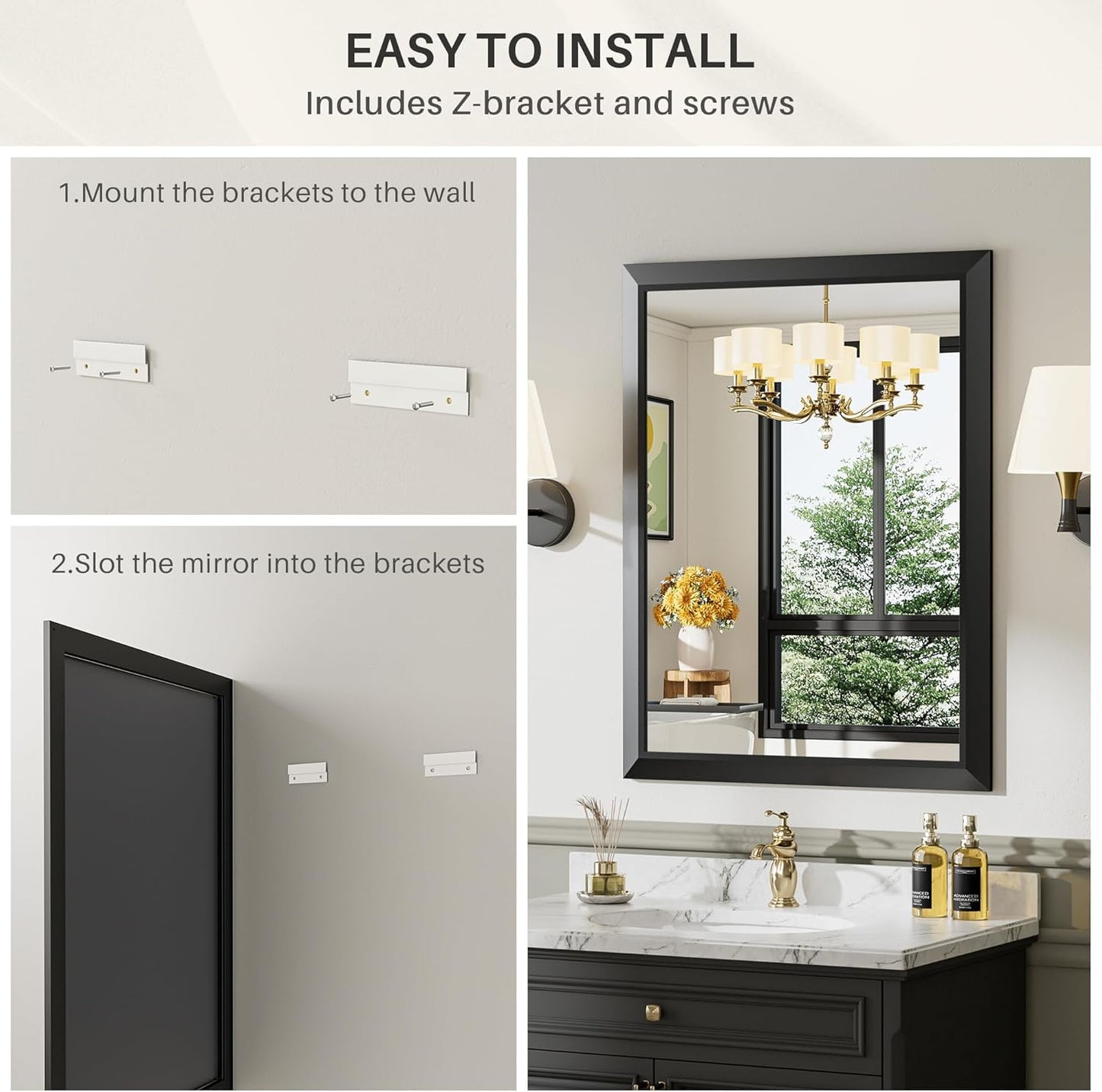 Black Bathroom Mirror for Wall, Thick Metal Framed Rectangle Mirrors for Over Sink, Bedroom, Living Room, Entryway, Anti-Rust, HD Tempered Glass