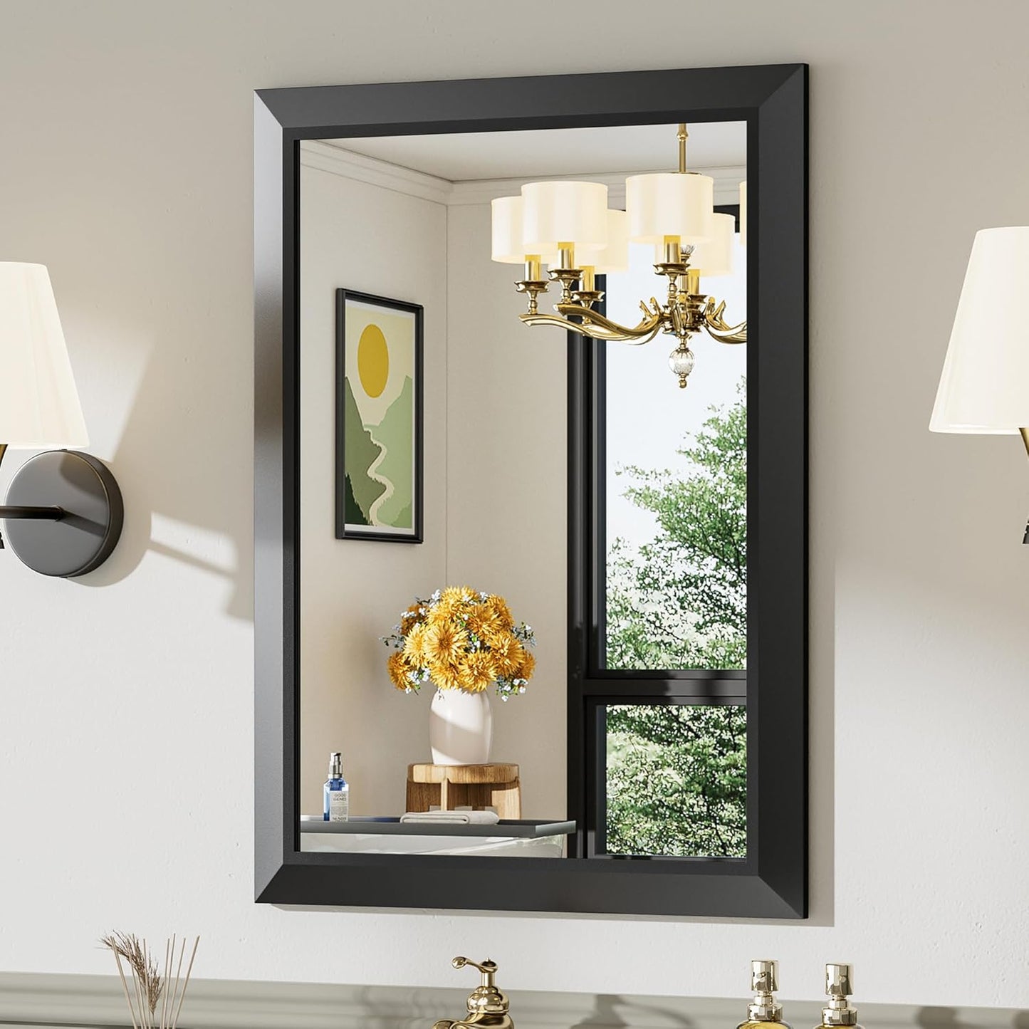 Black Bathroom Mirror for Wall, Thick Metal Framed Rectangle Mirrors for Over Sink, Bedroom, Living Room, Entryway, Anti-Rust, HD Tempered Glass